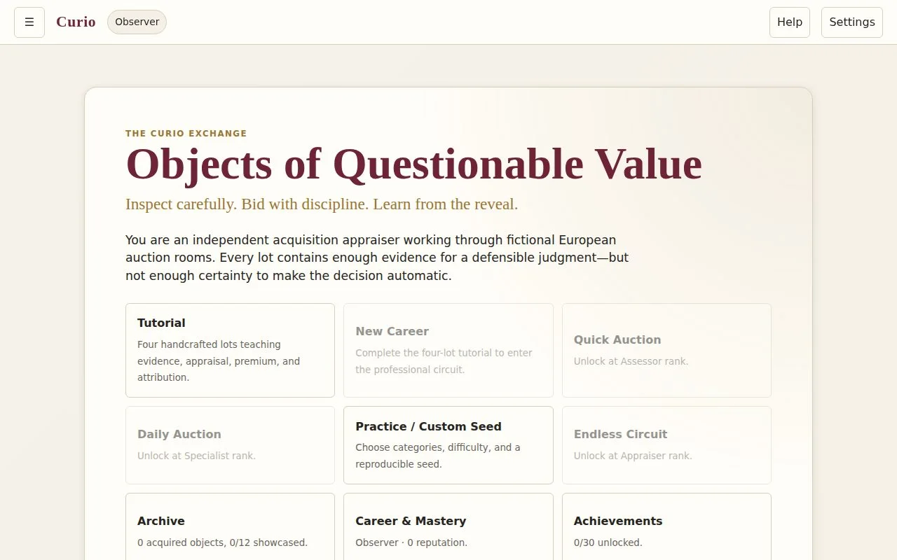 Curio — captured project interface.