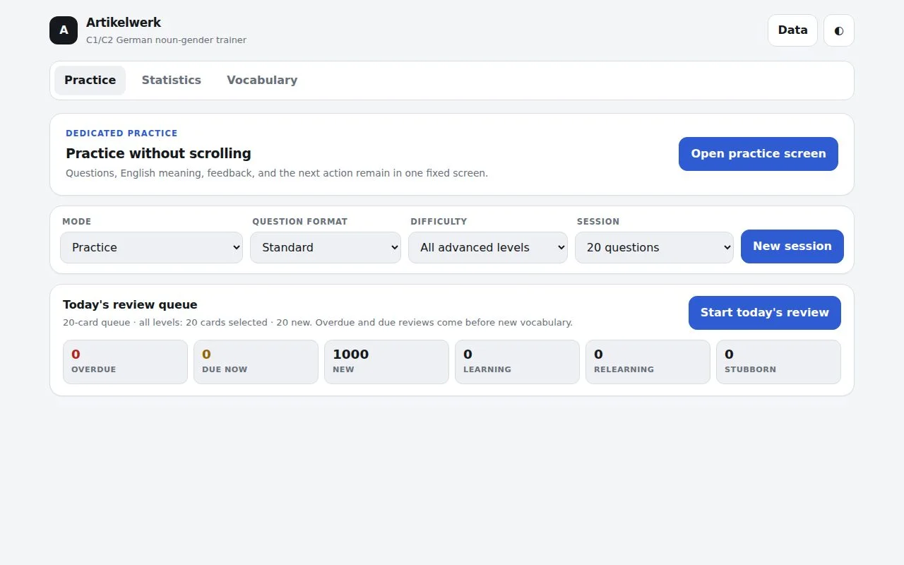Artikelwerk’s German vocabulary practice interface.