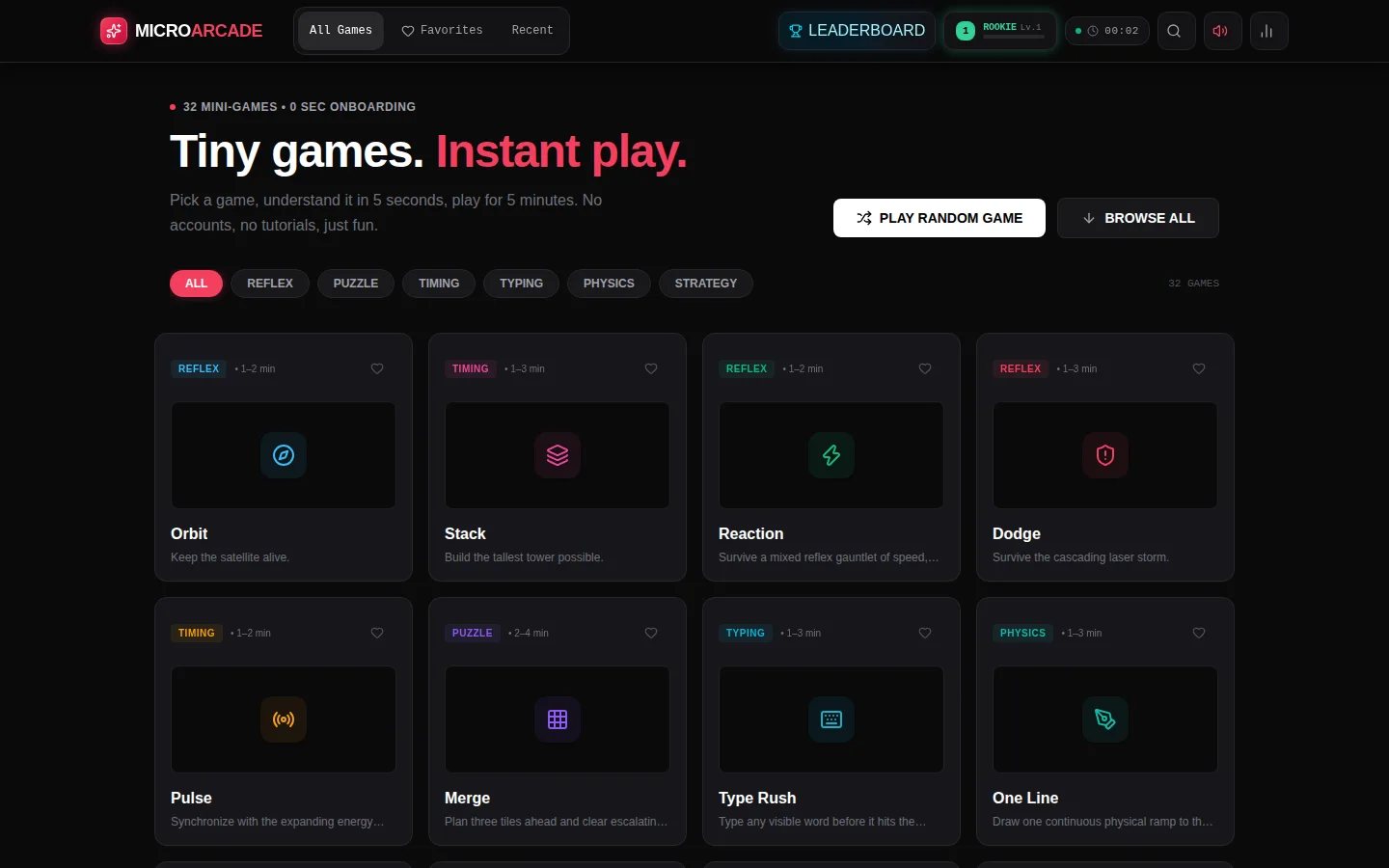 The real game library with filters, instant-play cards, and account-free progression entry points.
