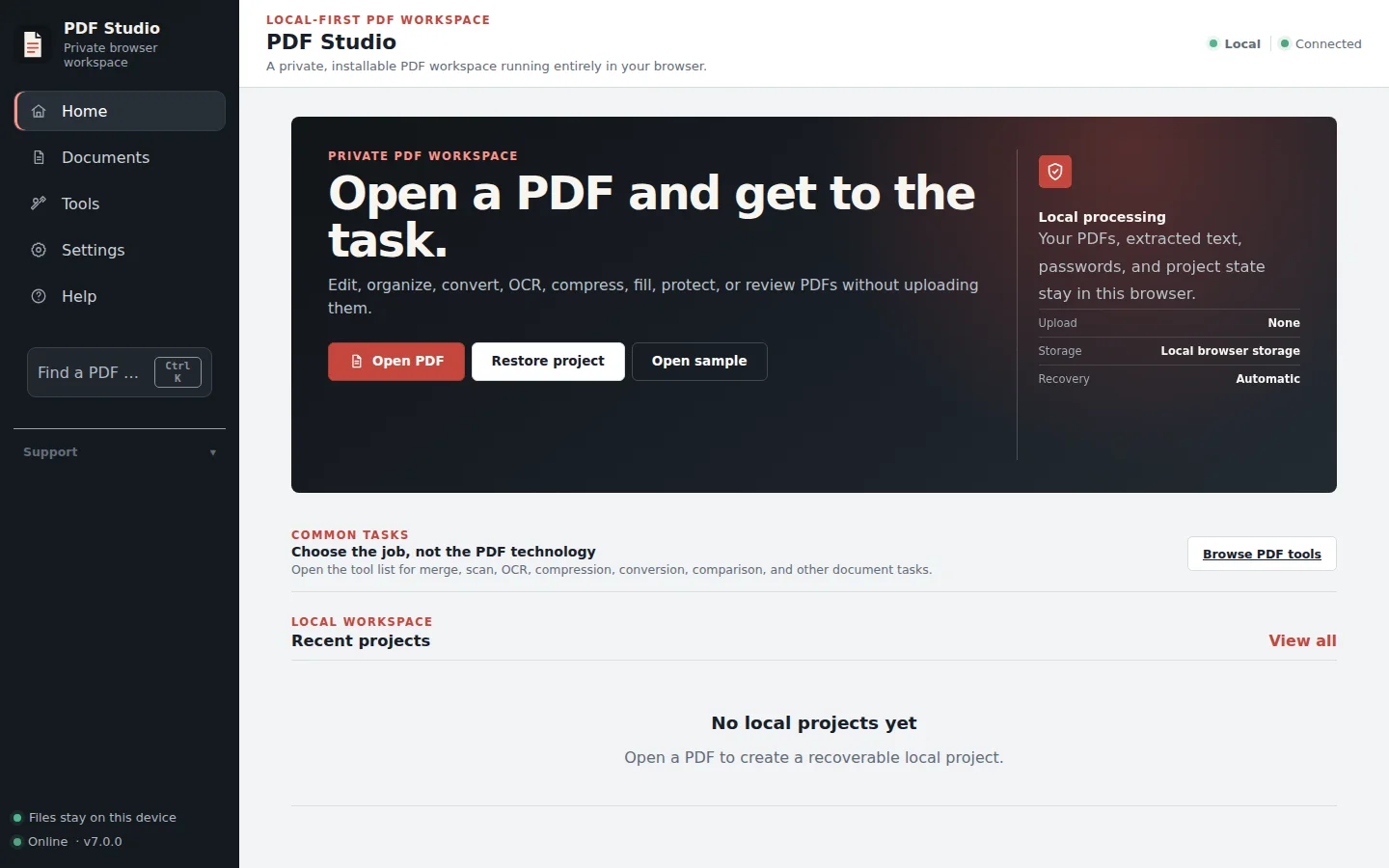The real local-first PDF Studio entry surface, with local processing status, common tasks, and sample access.