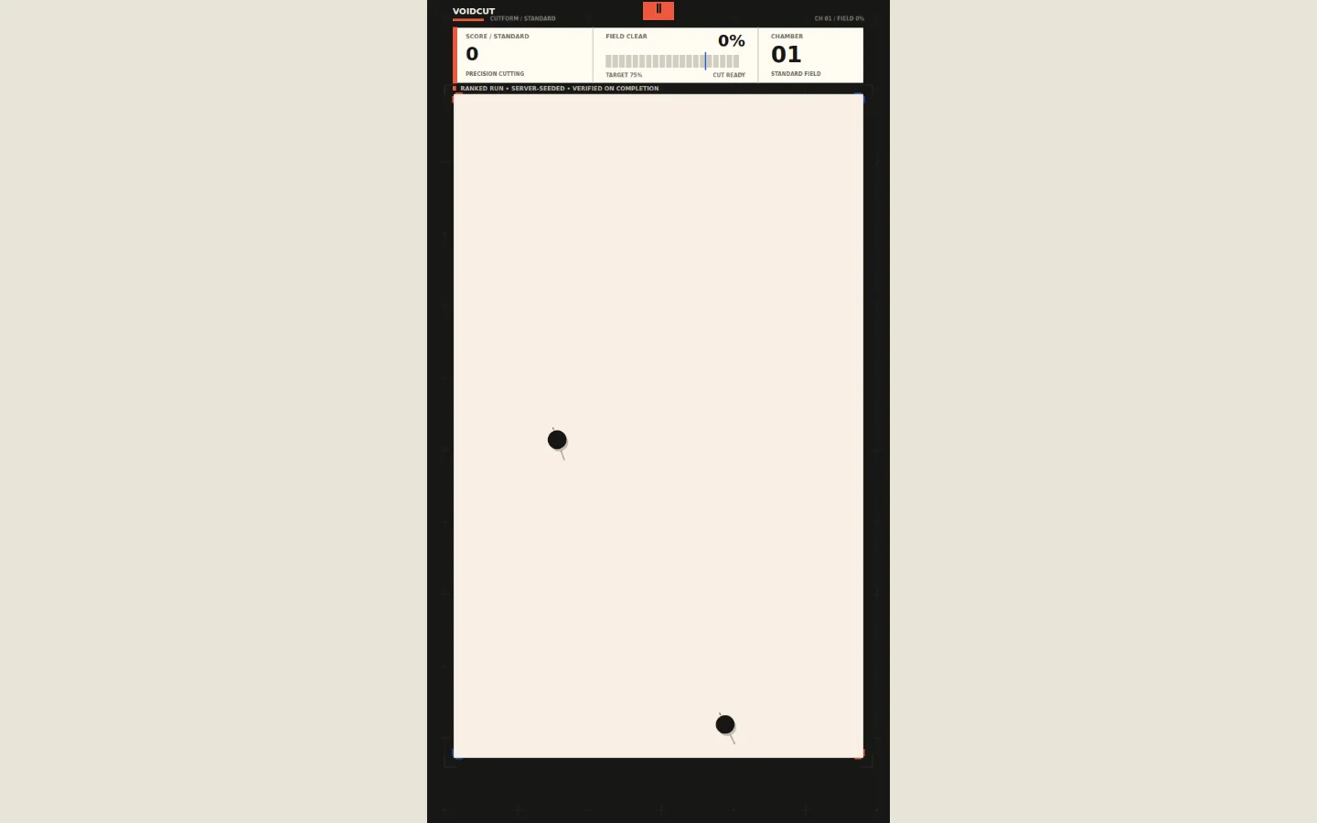 A standard VOIDCUT run in progress, showing the portrait arena, chamber HUD, moving cores, and precision-cut objective without tutorial overlays.