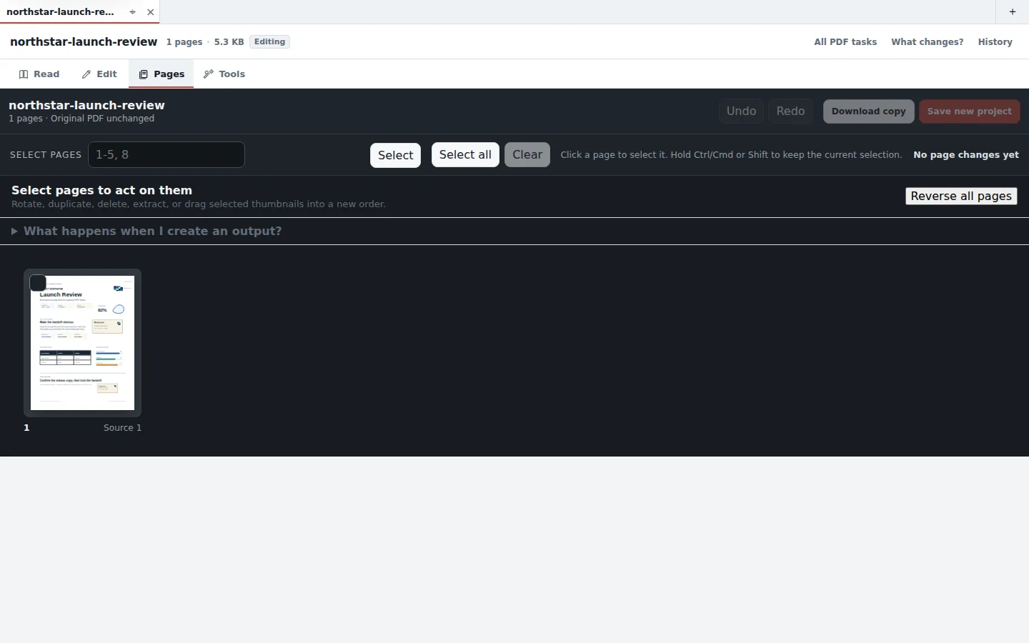 The same real sample opened in Pages mode, showing thumbnail organization, page selection controls, and non-destructive output actions.