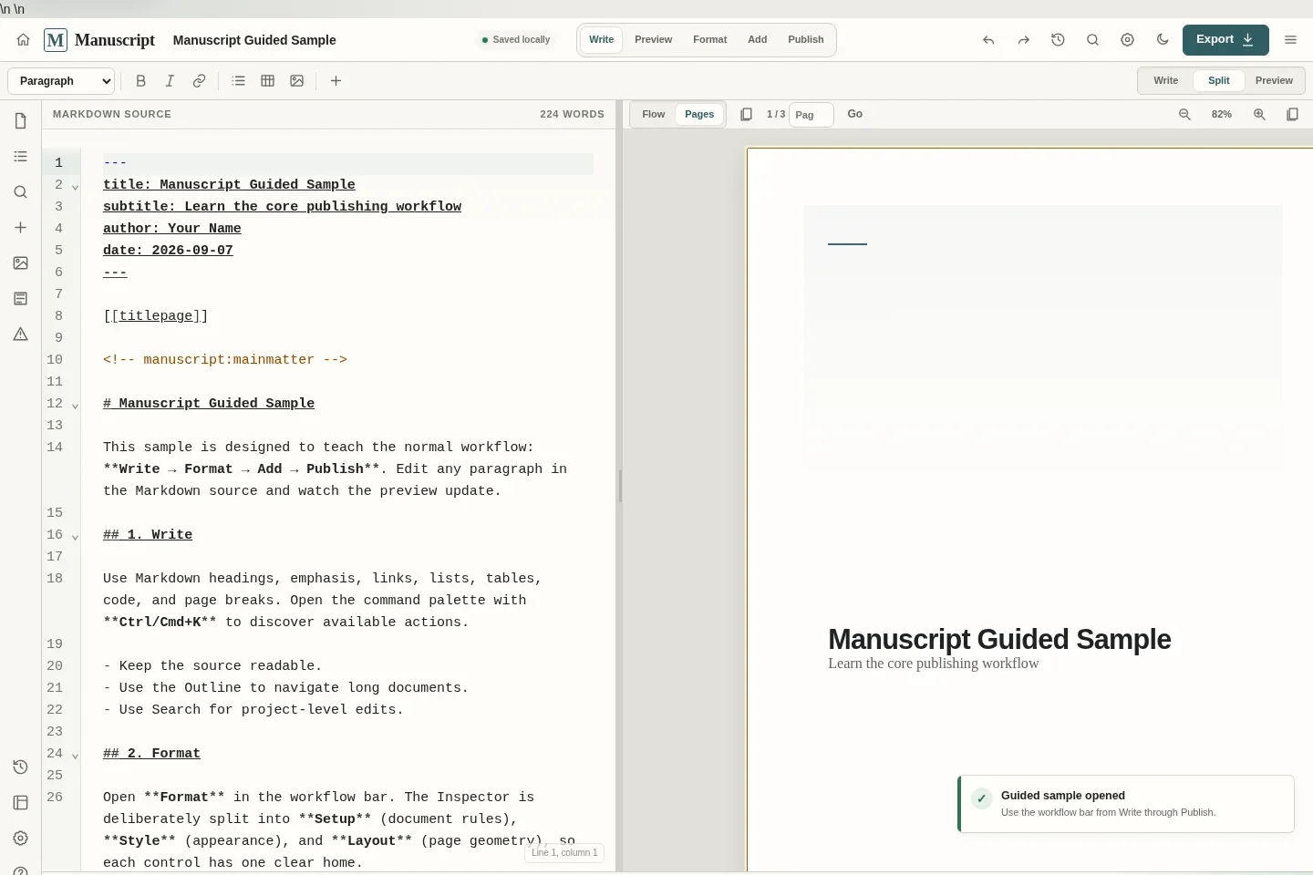 Manuscript’s guided sample, with Markdown source beside the document preview.