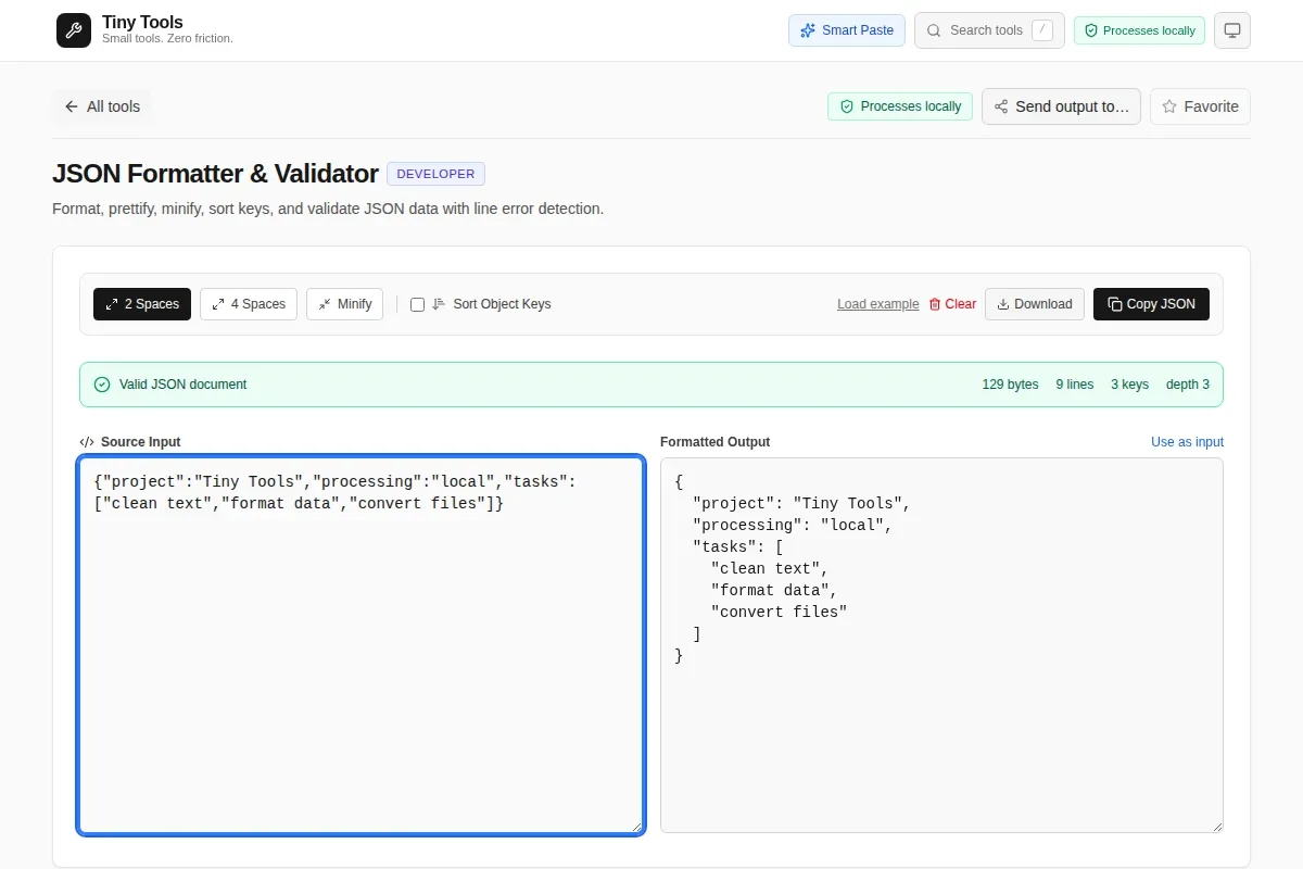A small sample object inside the real Tiny Tools JSON Formatter. No private or production data is shown.