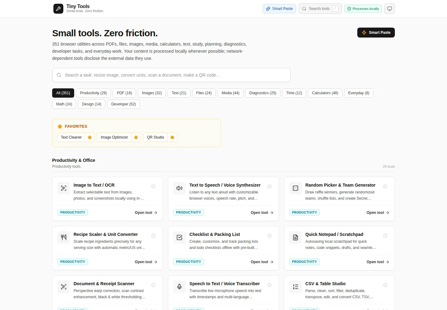 The Tiny Tools collection, with its full-toolbox search, categories and utility directory.