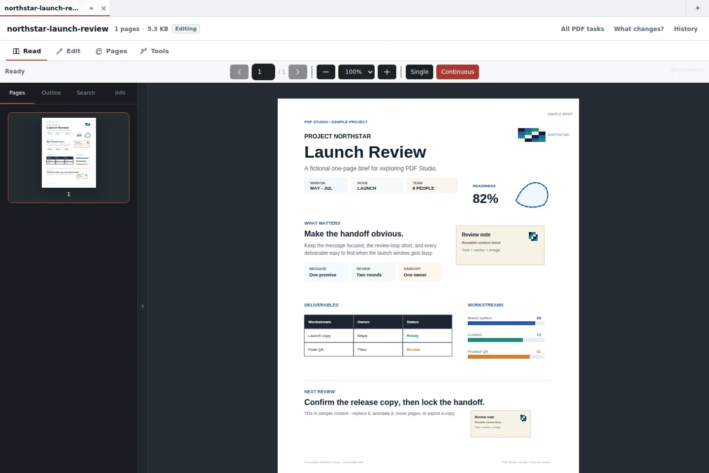 Project Northstar, the built-in sample, open in the real PDF Studio workspace.
