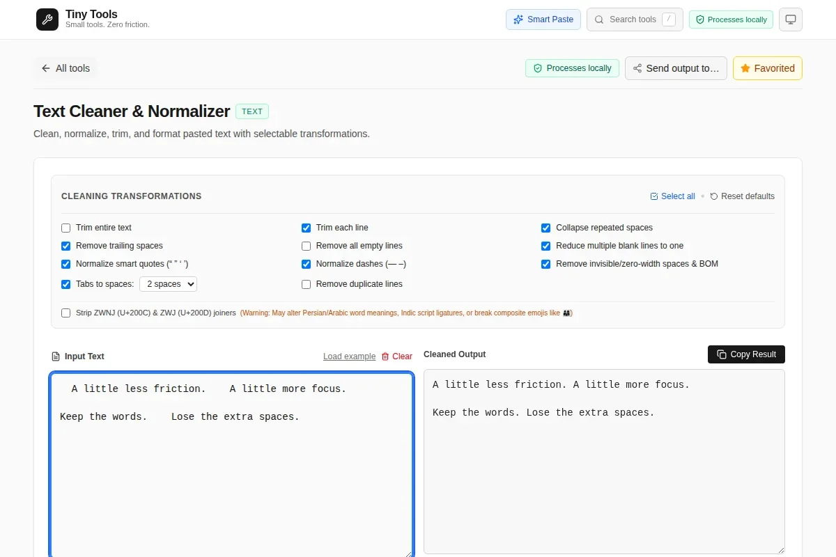 A sample text being normalized inside the real Tiny Tools Text Cleaner, with transformations and output visible.