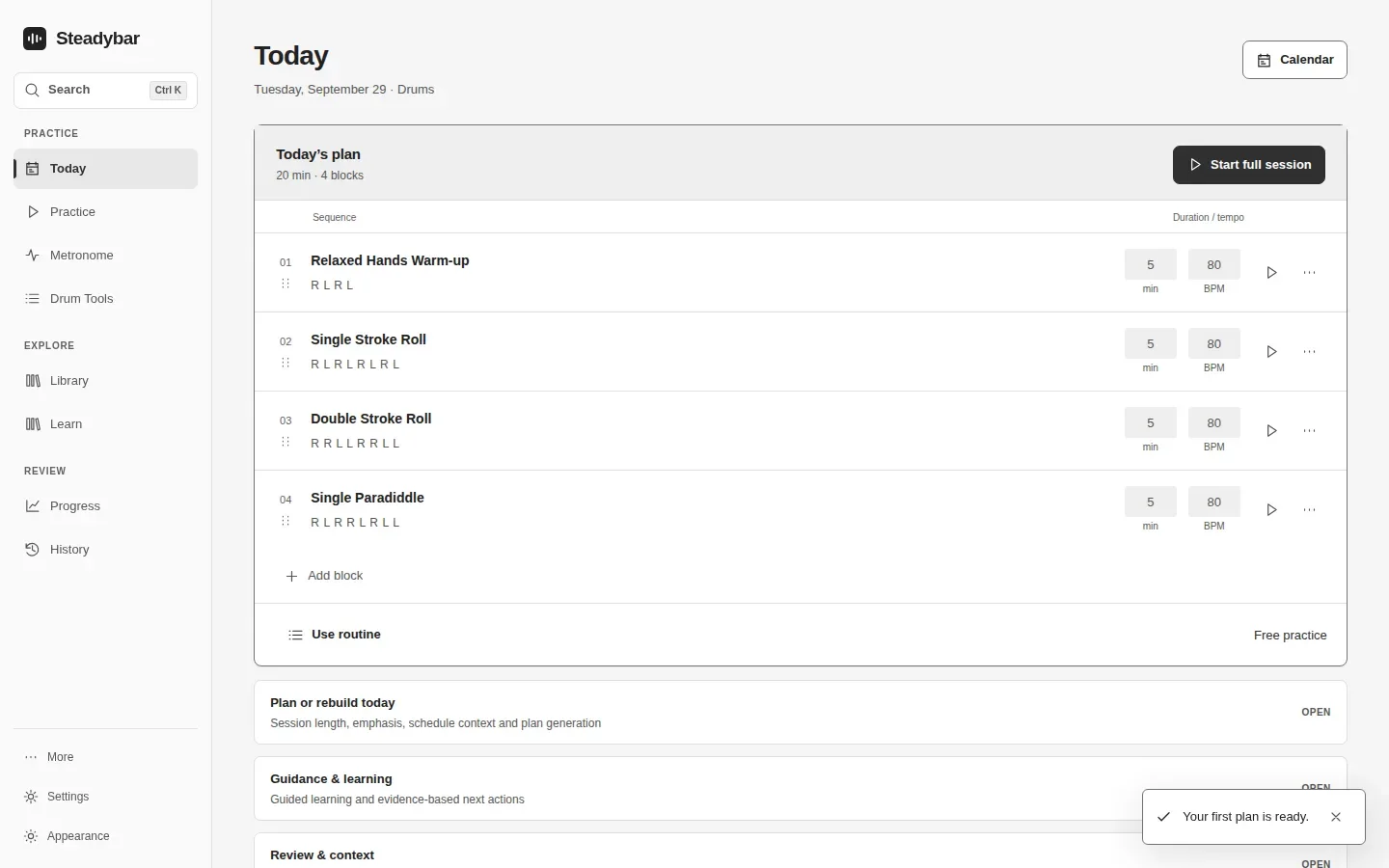 Steadybar app interface