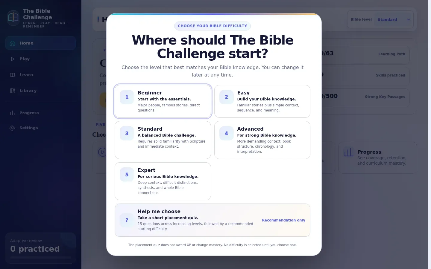The Bible Challenge app interface